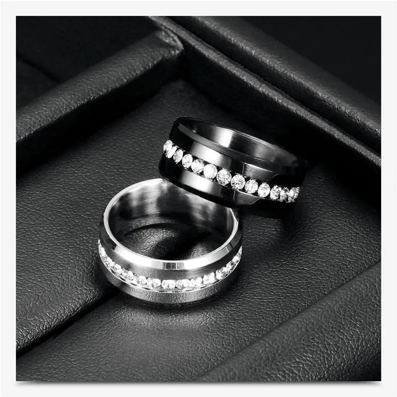 Black and Silver Color Cubic Zirconia Crystals Titanium Steel Rings For Women