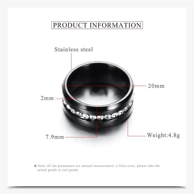 Black and Silver Color Cubic Zirconia Crystals Titanium Steel Rings For Women