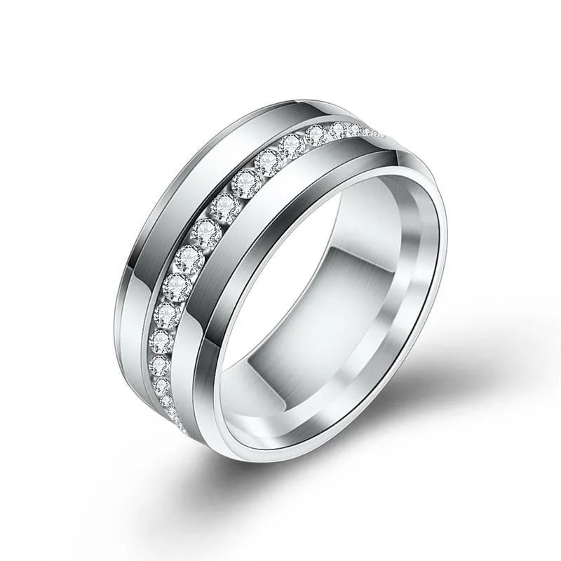 Black and Silver Color Cubic Zirconia Crystals Titanium Steel Rings For Women