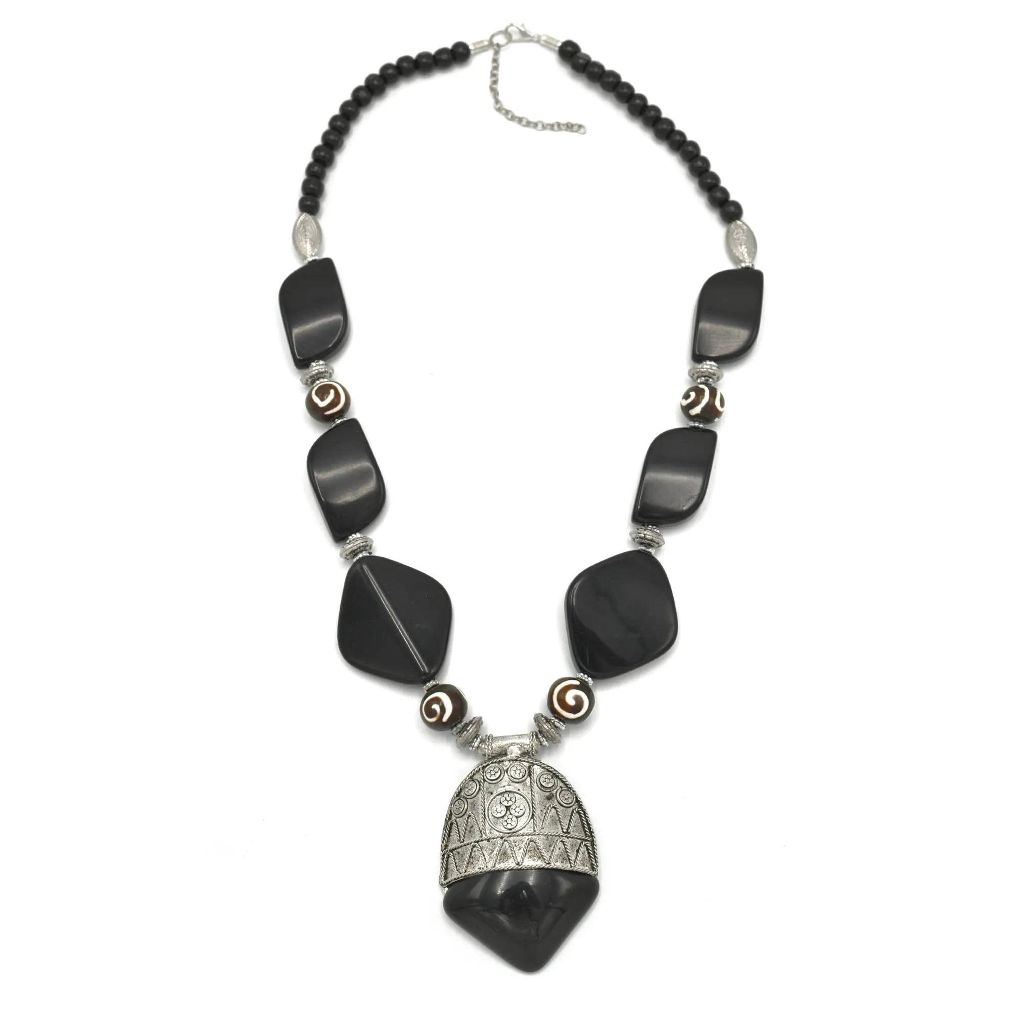 black and wood resin beads silver pendant necklace  #FWNK-2206-013
