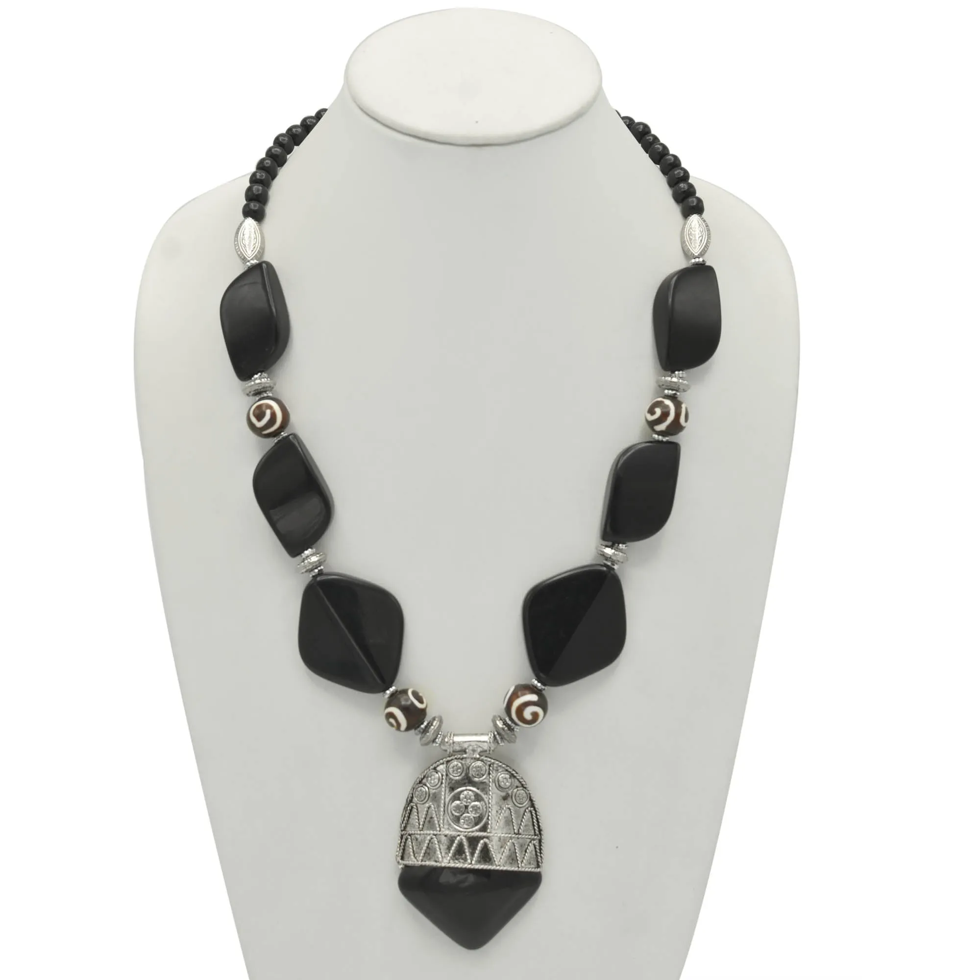 black and wood resin beads silver pendant necklace  #FWNK-2206-013