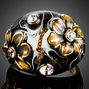 Black Floral Crystal Oil Painting Ring
