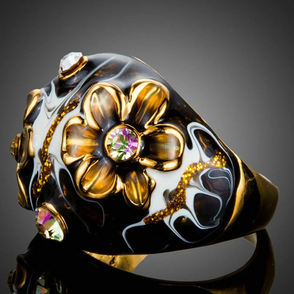 Black Floral Crystal Oil Painting Ring