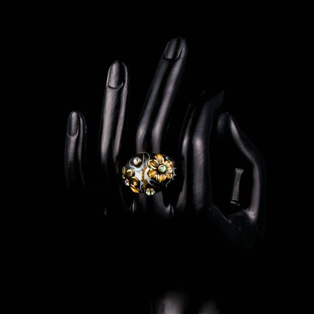 Black Floral Crystal Oil Painting Ring