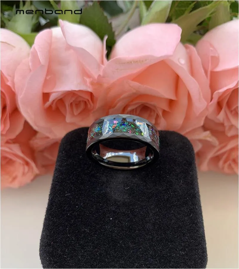 Black Opal Ring Men Women Tungsten Wedding Band Face Ring With Galaxy