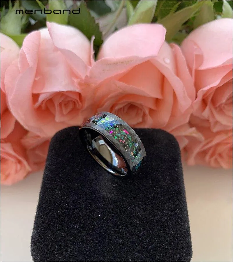 Black Opal Ring Men Women Tungsten Wedding Band Face Ring With Galaxy