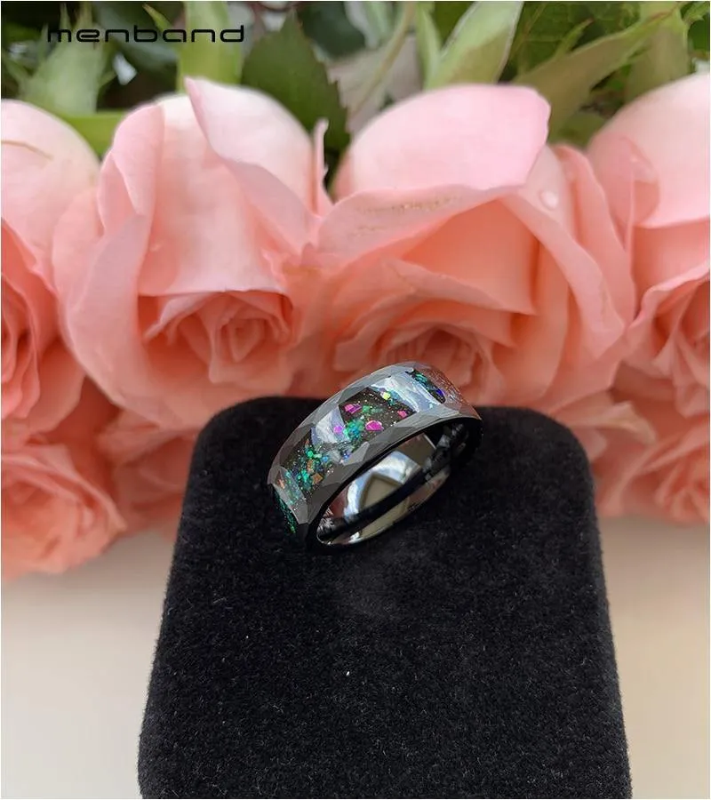Black Opal Ring Men Women Tungsten Wedding Band Face Ring With Galaxy