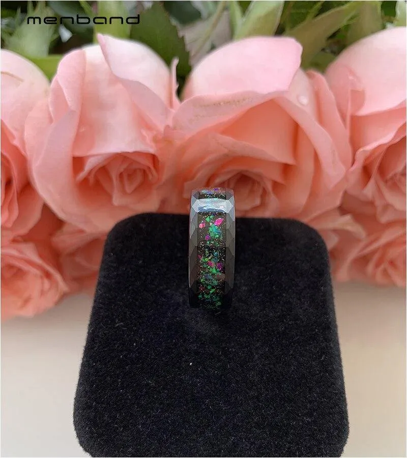 Black Opal Ring Men Women Tungsten Wedding Band Face Ring With Galaxy