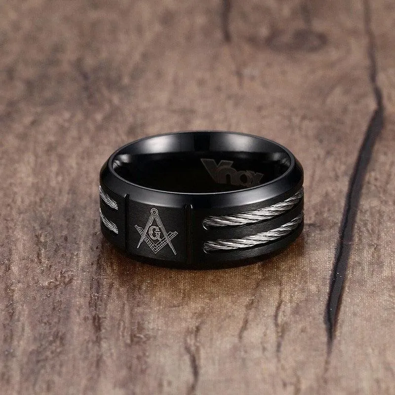 Black Stainless Steel With Wire Vintage Masonic Rings for Men