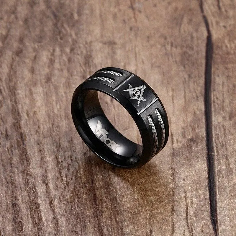 Black Stainless Steel With Wire Vintage Masonic Rings for Men