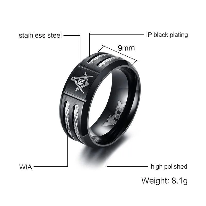 Black Stainless Steel With Wire Vintage Masonic Rings for Men