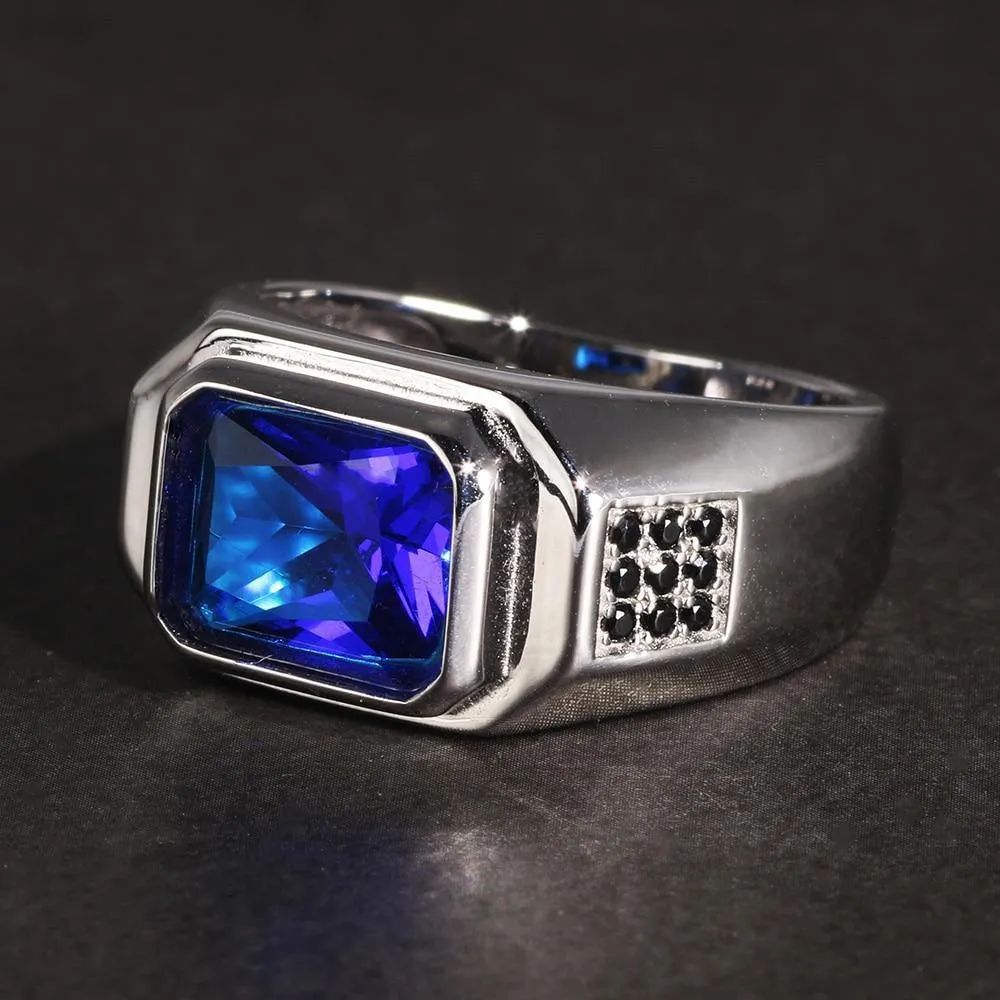 Blue Cubic Zirconia Stone Real Silver Retro Ring