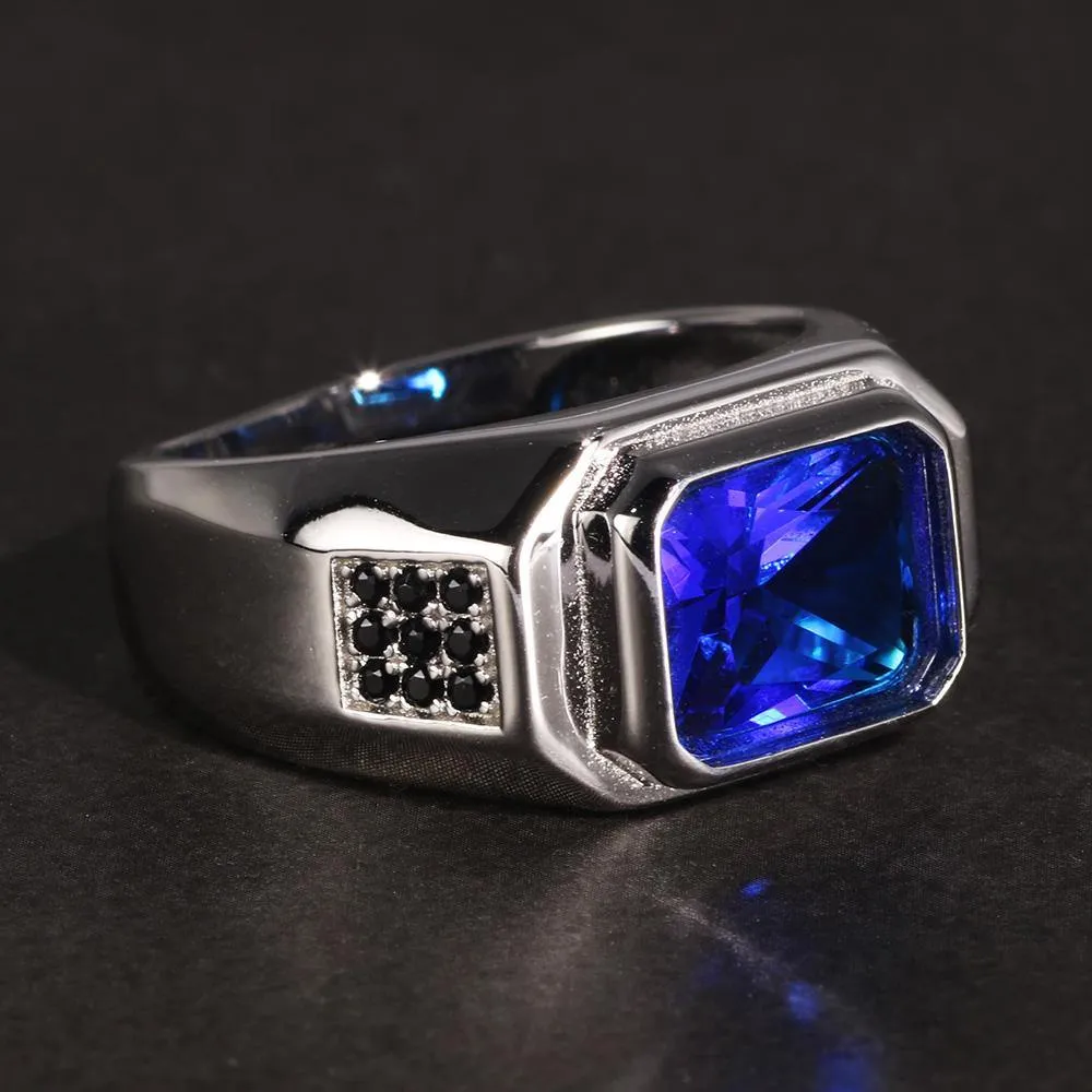 Blue Cubic Zirconia Stone Real Silver Retro Ring
