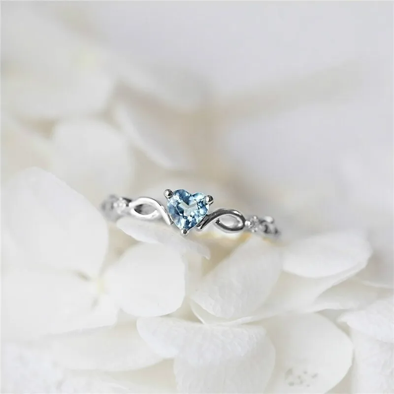 Blue Rings Cubic Zircon Stone Heart Ring For Women Female Sea Blue