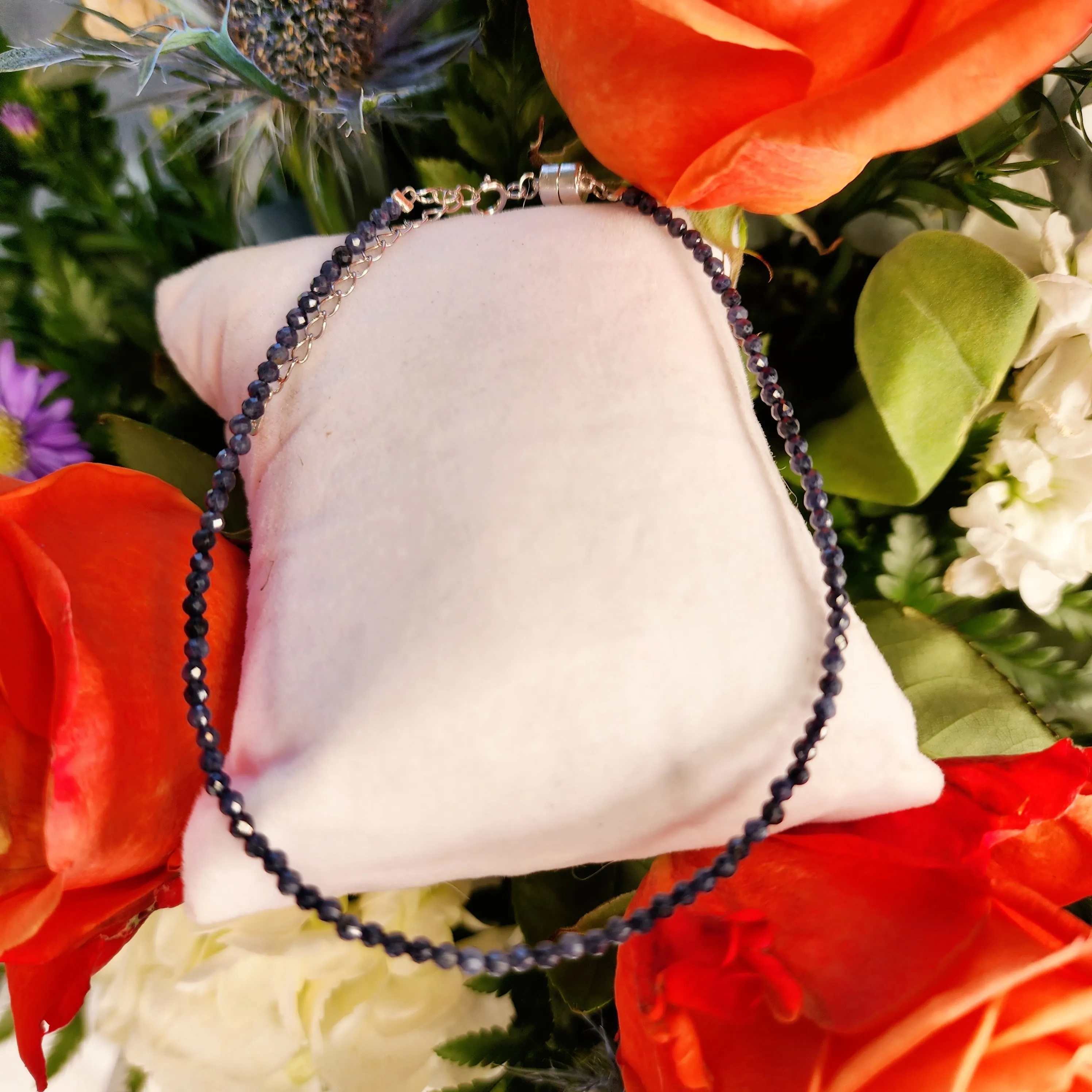 Blue Sapphire Micro Faceted Anklet .925 Silver for Peace of Mind, Self-Discipline and Truth