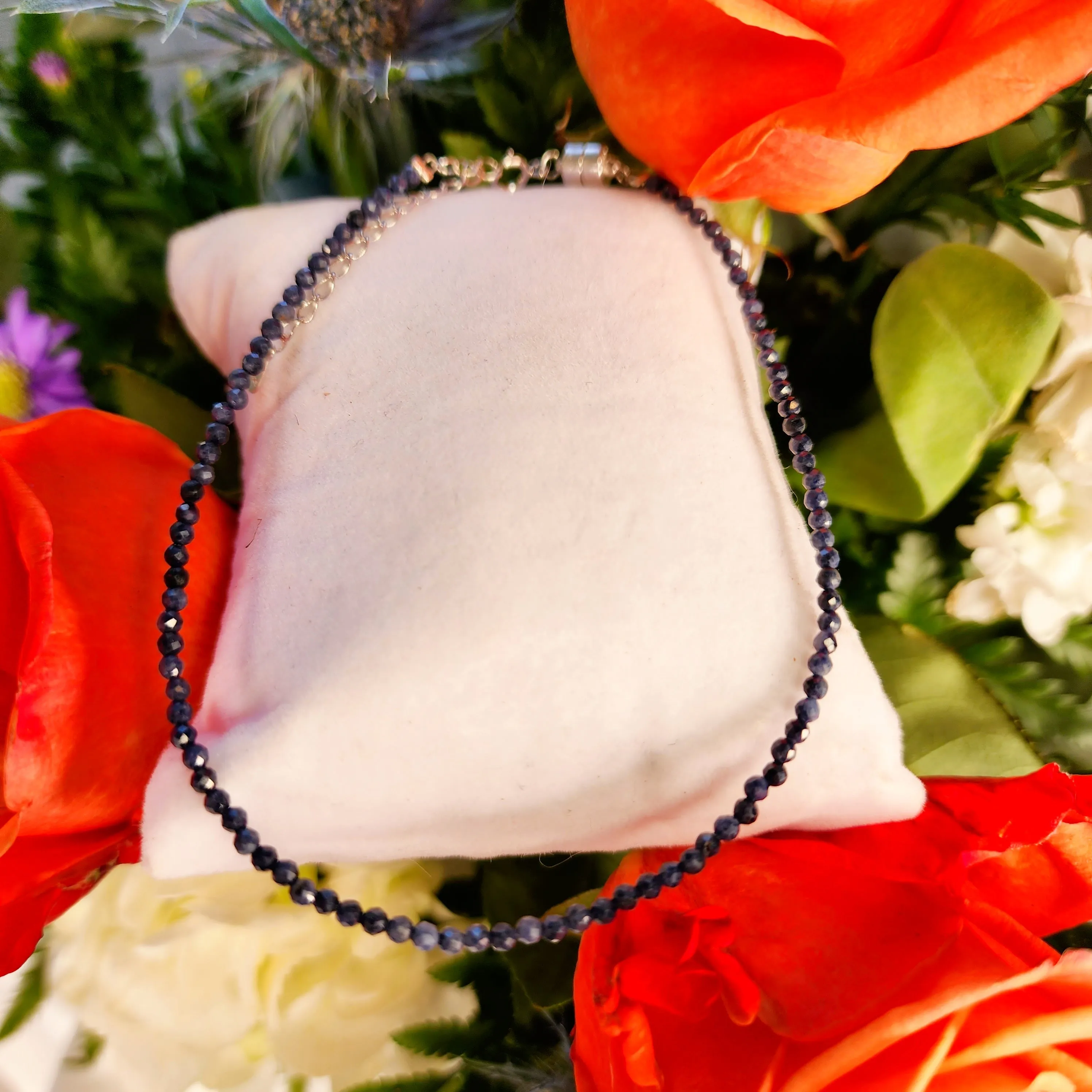 Blue Sapphire Micro Faceted Anklet .925 Silver for Peace of Mind, Self-Discipline and Truth