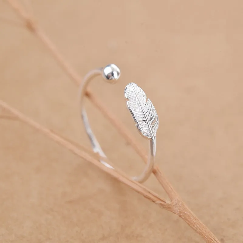 Bohemian Ethnic 925 Sterling Silver Feather Rings for Women Bridal