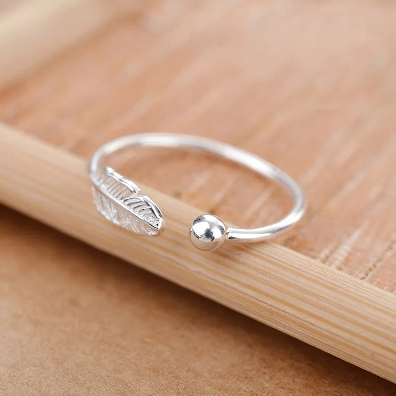 Bohemian Ethnic 925 Sterling Silver Feather Rings for Women Bridal