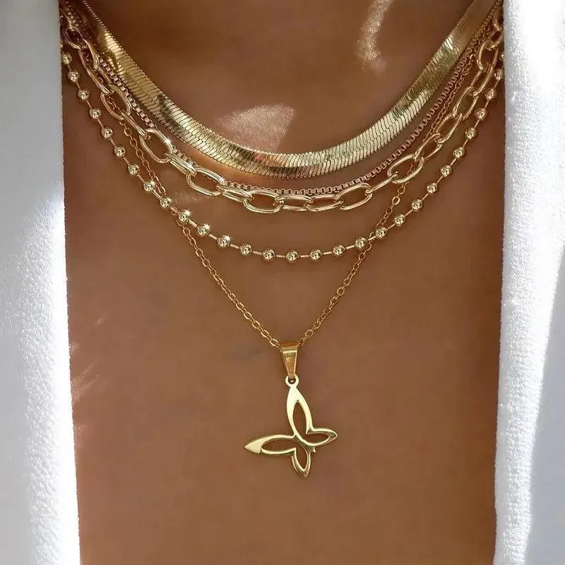 Bohemian Multilayer Crystal Butterfly Pendant Necklaces For Women Girls - Fashion Hollow Heart Choker Necklaces