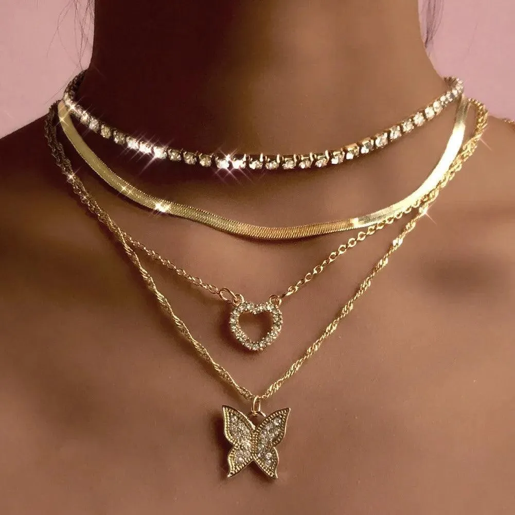 Bohemian Multilayer Crystal Butterfly Pendant Necklaces For Women Girls - Fashion Hollow Heart Choker Necklaces