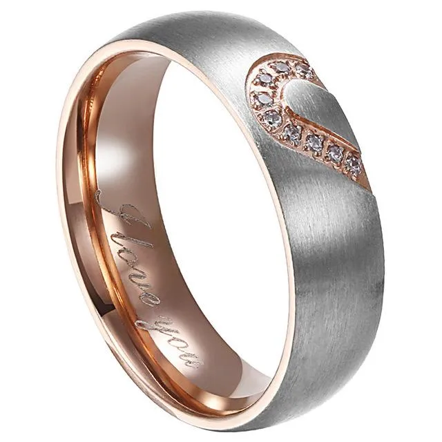 Boniskiss Heart Wedding Rings For Women Men Rhinestone Lovers Stainless Steel Rings For Engagement Party Jewelry Wedding Bands