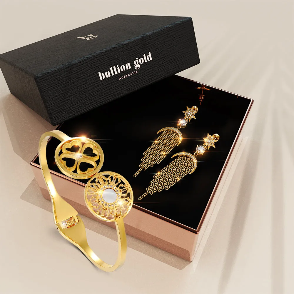 Boxed Artistic Floral Bangle & Star Sun Diamonelle Chandelier Set in Gold