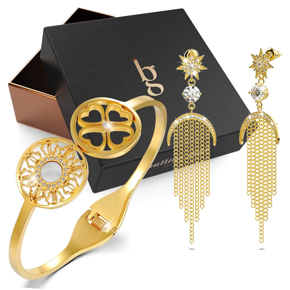 Boxed Artistic Floral Bangle & Star Sun Diamonelle Chandelier Set in Gold