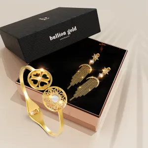 Boxed Artistic Floral Bangle & Star Sun Diamonelle Chandelier Set in Gold