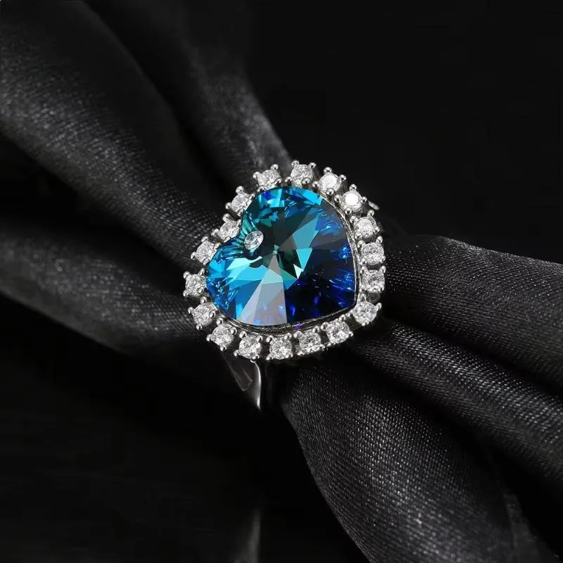 Brilliant 925 Sterling Silver Luxury Blue Crystal Ring for Women