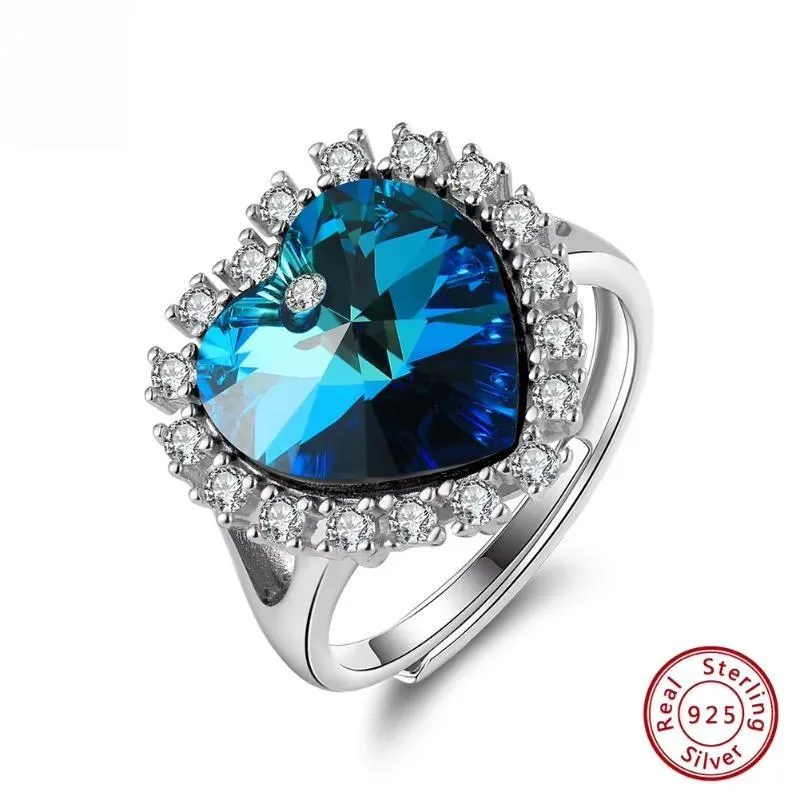 Brilliant 925 Sterling Silver Luxury Blue Crystal Ring for Women