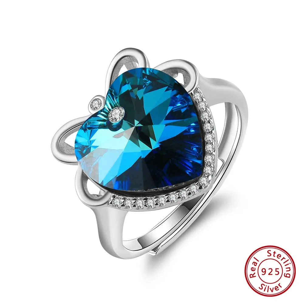 Brilliant 925 Sterling Silver Luxury Blue Crystal Ring for Women