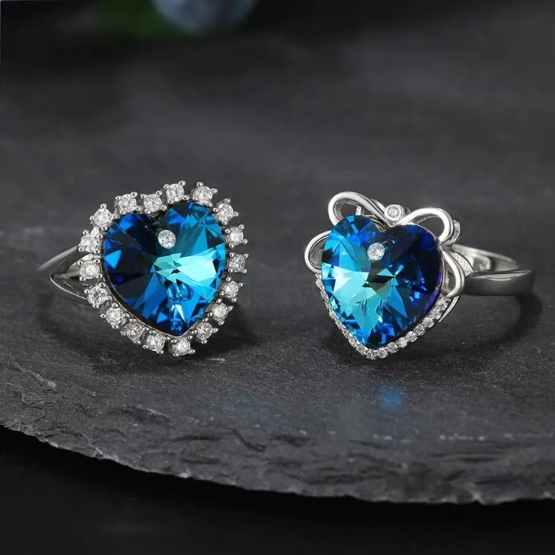 Brilliant 925 Sterling Silver Luxury Blue Crystal Ring for Women