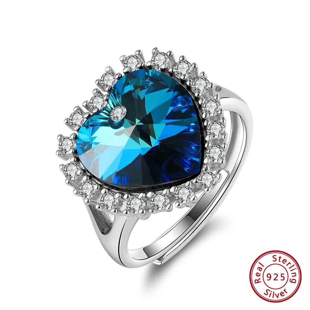 Brilliant 925 Sterling Silver Luxury Blue Crystal Ring for Women