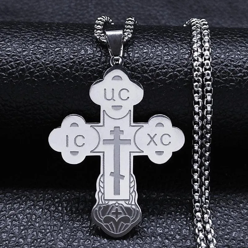 Christian Orthodox Cross Necklace Stainless Steel Jesus Religious Prayer Russian Chain Necklaces