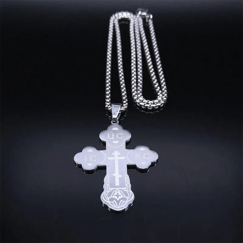 Christian Orthodox Cross Necklace Stainless Steel Jesus Religious Prayer Russian Chain Necklaces
