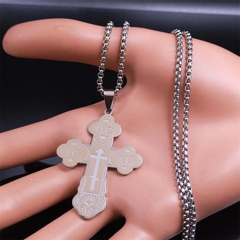 Christian Orthodox Cross Necklace Stainless Steel Jesus Religious Prayer Russian Chain Necklaces