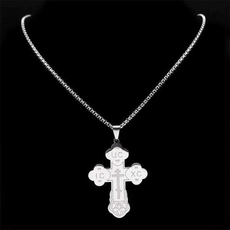 Christian Orthodox Cross Necklace Stainless Steel Jesus Religious Prayer Russian Chain Necklaces
