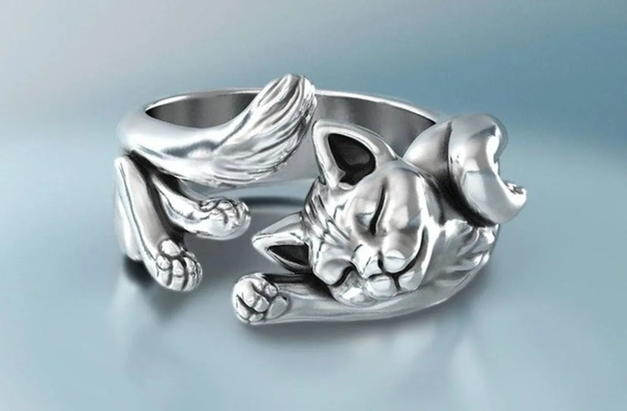 Classic Fashion Silver Color Women Ring Cute Engraving Pattern Cat Sleep  Engagement Wedding Jewelry US 5-11