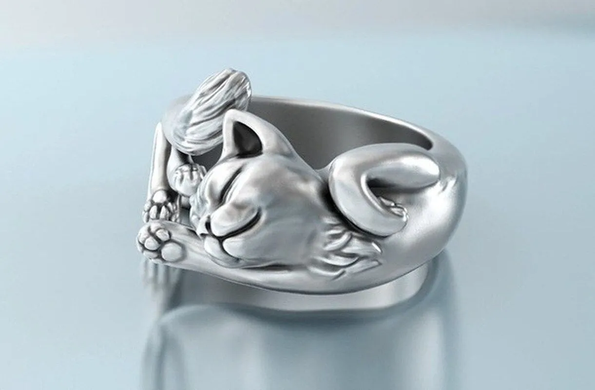 Classic Fashion Silver Color Women Ring Cute Engraving Pattern Cat Sleep  Engagement Wedding Jewelry US 5-11