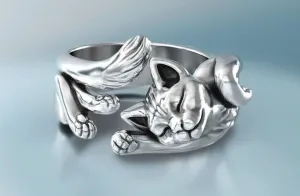 Classic Fashion Silver Color Women Ring Cute Engraving Pattern Cat Sleep  Engagement Wedding Jewelry US 5-11