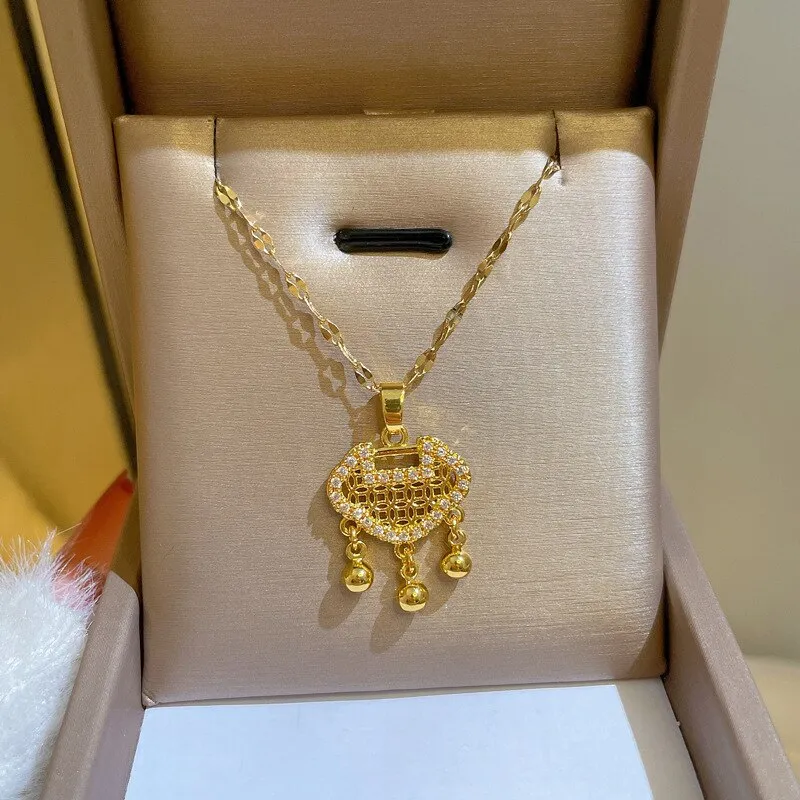 Classic Gold Color Necklace For Women Jewelry Auspicious Lock Pendant Necklace