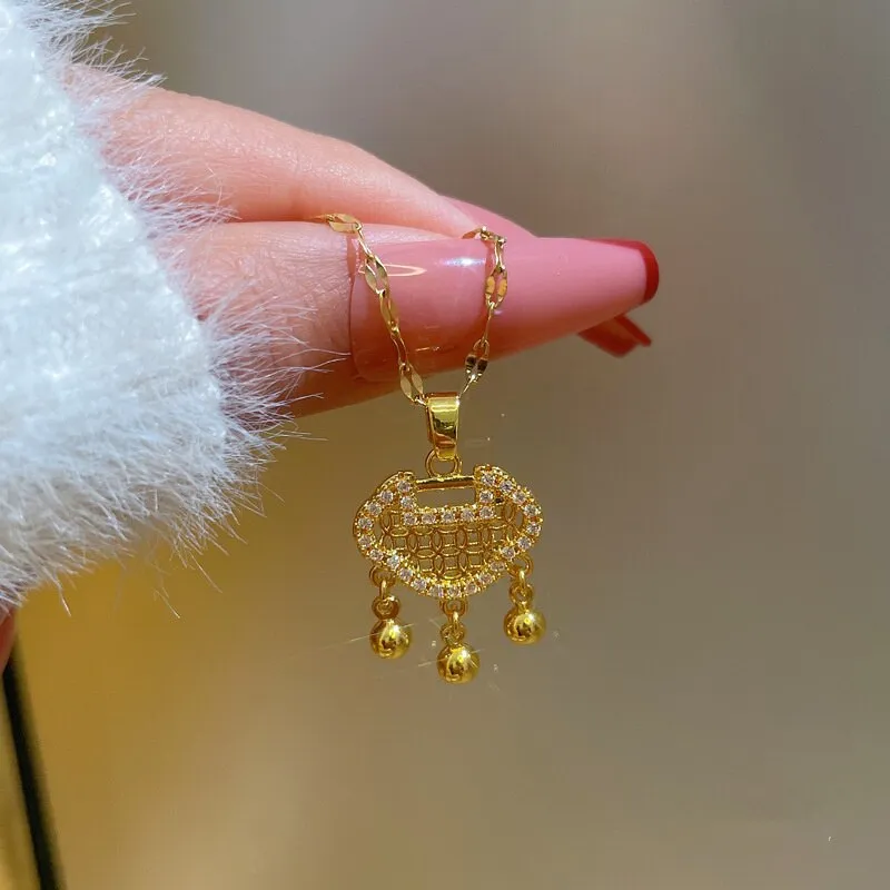 Classic Gold Color Necklace For Women Jewelry Auspicious Lock Pendant Necklace