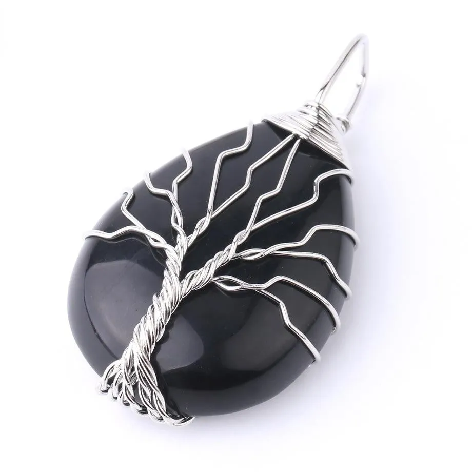 Classic Hand Wound Drop Natural Stone Black Agate Opal Pendant Necklace