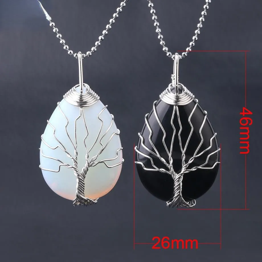 Classic Hand Wound Drop Natural Stone Black Agate Opal Pendant Necklace