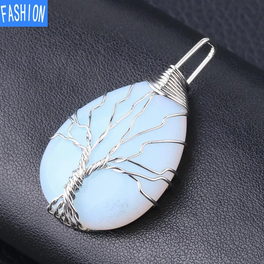 Classic Hand Wound Drop Natural Stone Black Agate Opal Pendant Necklace