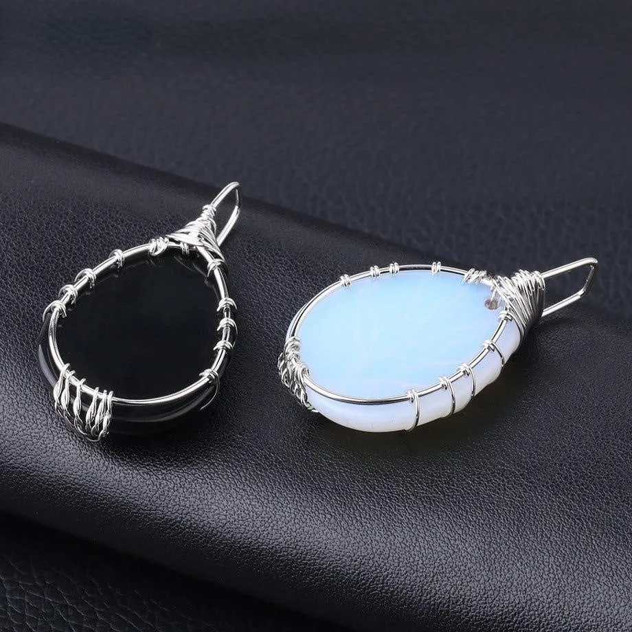 Classic Hand Wound Drop Natural Stone Black Agate Opal Pendant Necklace