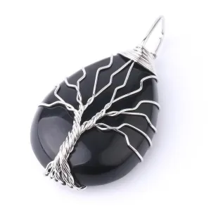 Classic Hand Wound Drop Natural Stone Black Agate Opal Pendant Necklace