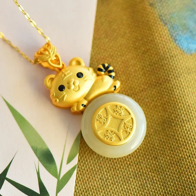 Classic Silver Inlaid Round Natural Hetian Jade Little Tiger necklaces