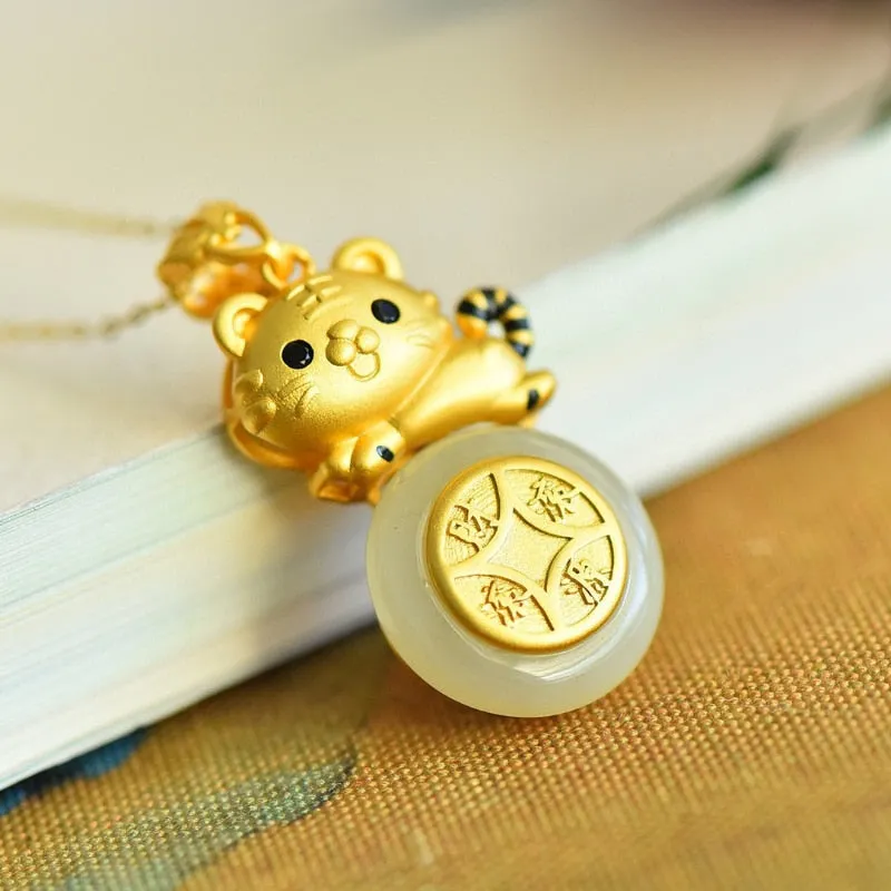 Classic Silver Inlaid Round Natural Hetian Jade Little Tiger necklaces