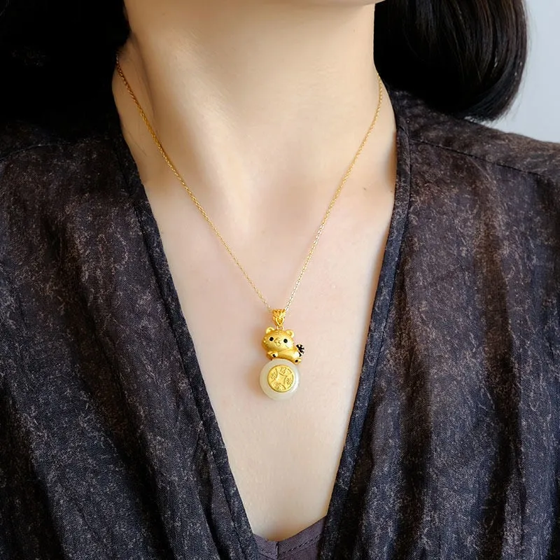 Classic Silver Inlaid Round Natural Hetian Jade Little Tiger necklaces